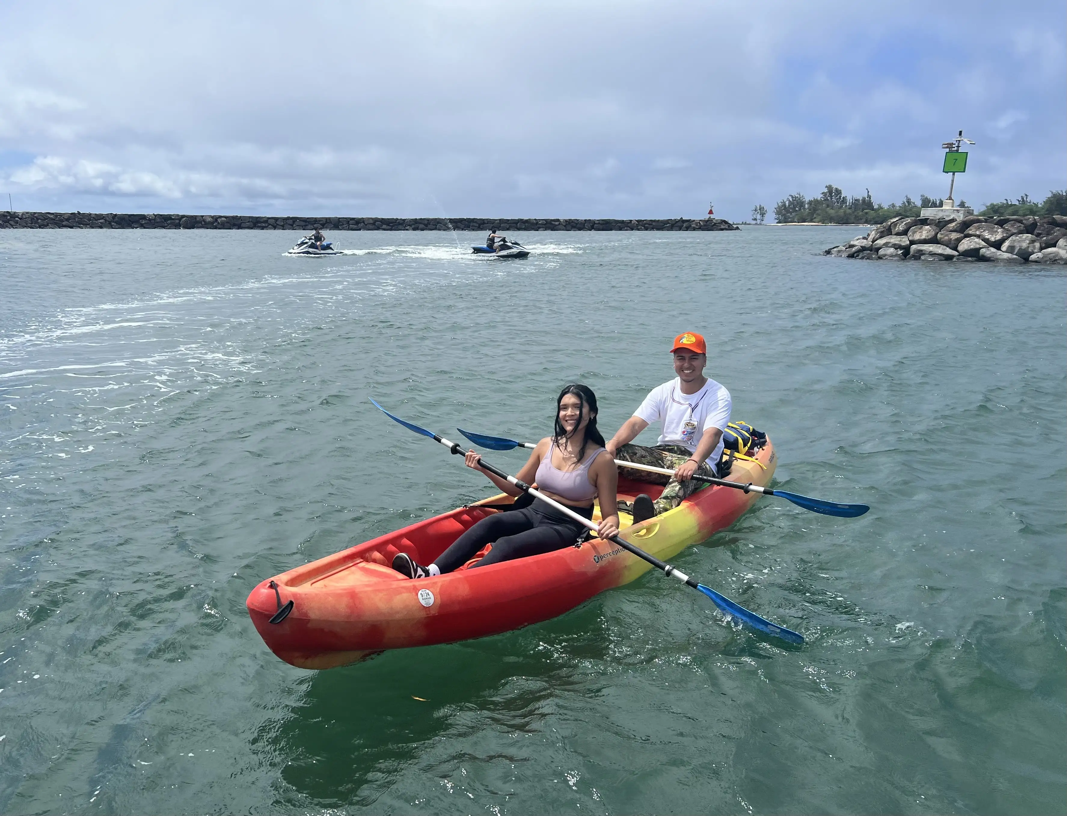 Tandem kayak on calm water near Haleiwa
